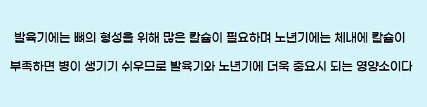  발육기에는 뼈의 형성을 위해 많은 칼슘이 필요하며 노년기에는 체내에 칼슘이 부족하면 병이 생기기 쉬우므로 발육기와 노년기에 더욱 중요시 되는 영양소이다