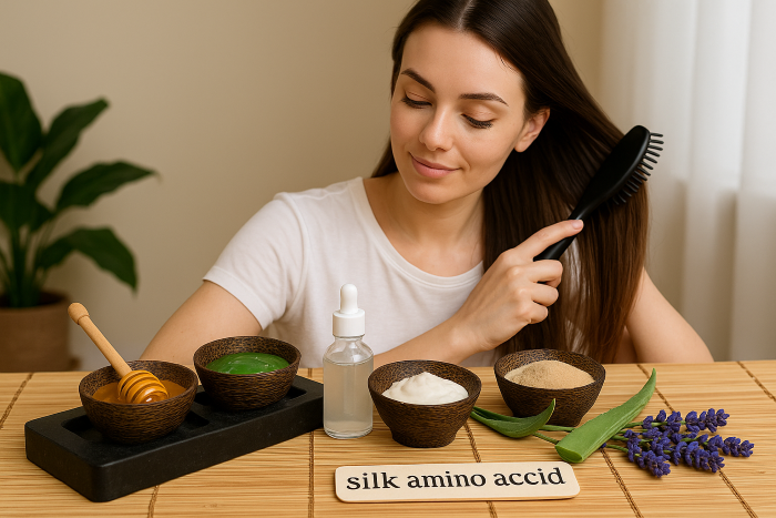 &quot;자연 유래 성분과 실크 파우더를 활용한 고급 트리트먼트 재료 세트 – 꿀, 알로에, 히알루론산&quot;