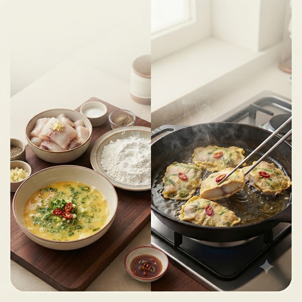 Preparation steps for red cod pancakes showing bowls of cubed red cod fillets, flour, beaten eggs with green onions, and red cod slices being pan-fried in a skillet.