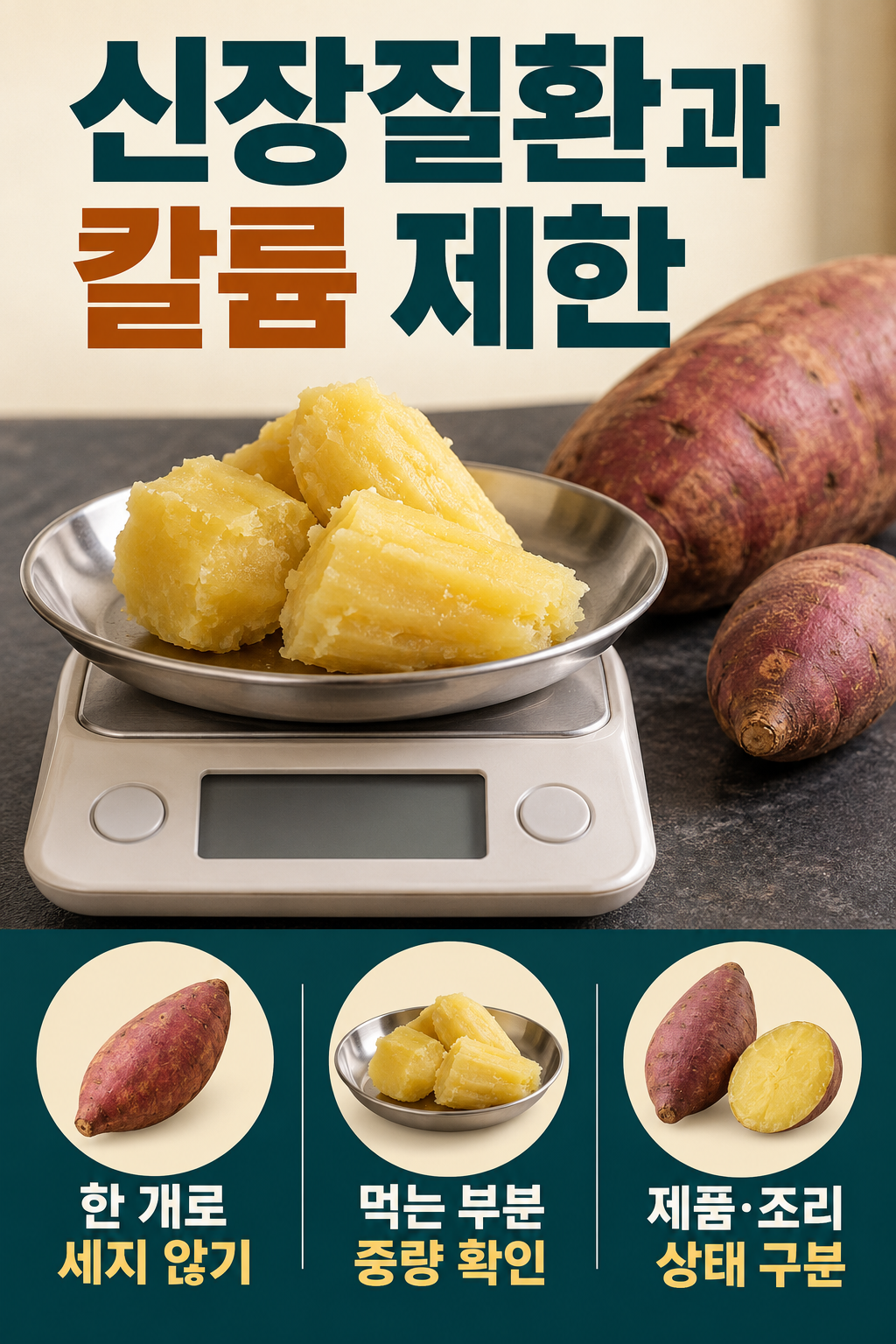 고구마 &middot; 칼륨 제한 중에는 큰 고구마를 한 개 단위로 세지 마세요 실사 인포그래픽