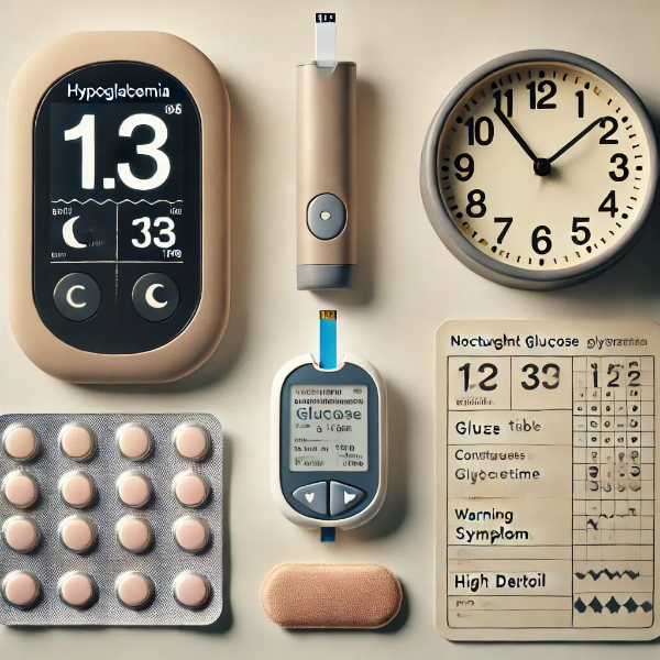하얀 배경 위에 정리된 저혈당 경고표, 포도당 정제, 연속 혈당 측정기, 야간 알람 시계의 전문 스튜디오 촬영 사진