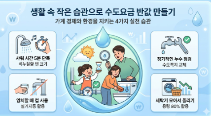 수도요금을 아끼기 위해 욕실 세면대 누수를 점검하고 샤워 시간을 줄이는 등 일상 속 물 절약 실천 가이드 이미지