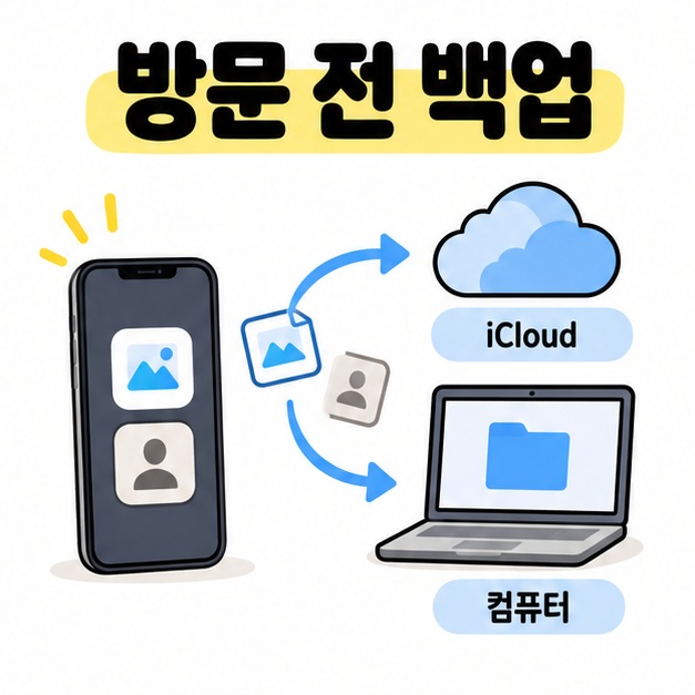 스마트폰의 사진과 연락처를 iCloud 또는 컴퓨터로 복사하는 화살표로 방문 전 백업을 설명한 이미지