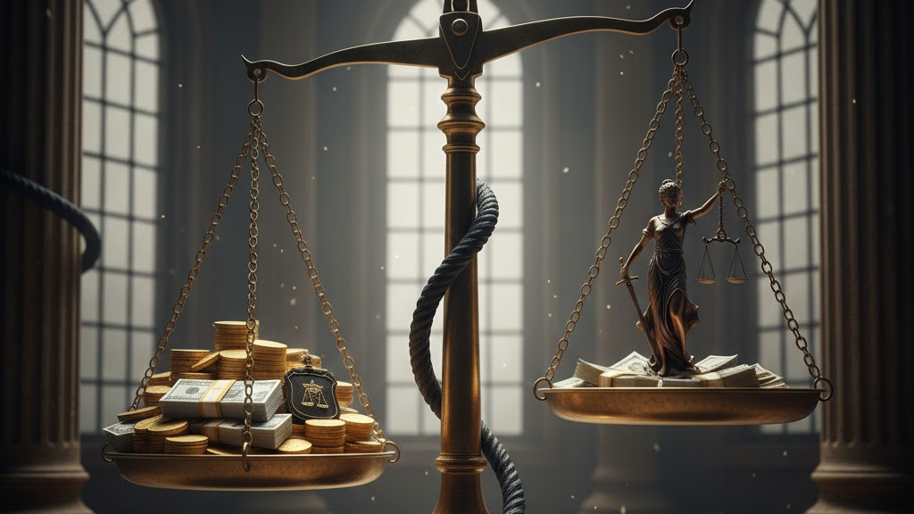 두 손으로 무게를 재는 불균형한 정의의 저울. 저울의 한쪽 접시에는 법전이나 증거 대신 돈뭉치나 뇌물을 상징하는 물체가 놓여 있고, 다른 쪽 접시는 공허하다. 무너진 사법 정의와 '전관예우'로 인해 공정성이 훼손된 법원 내부를 암시하는 어두운 이미지