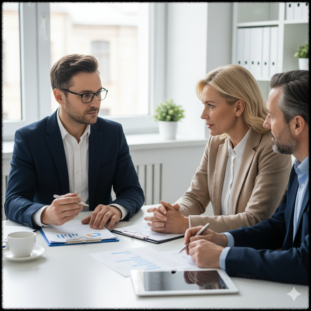 금융 상담사와 연금 계획을 논의 중인 중년 부부