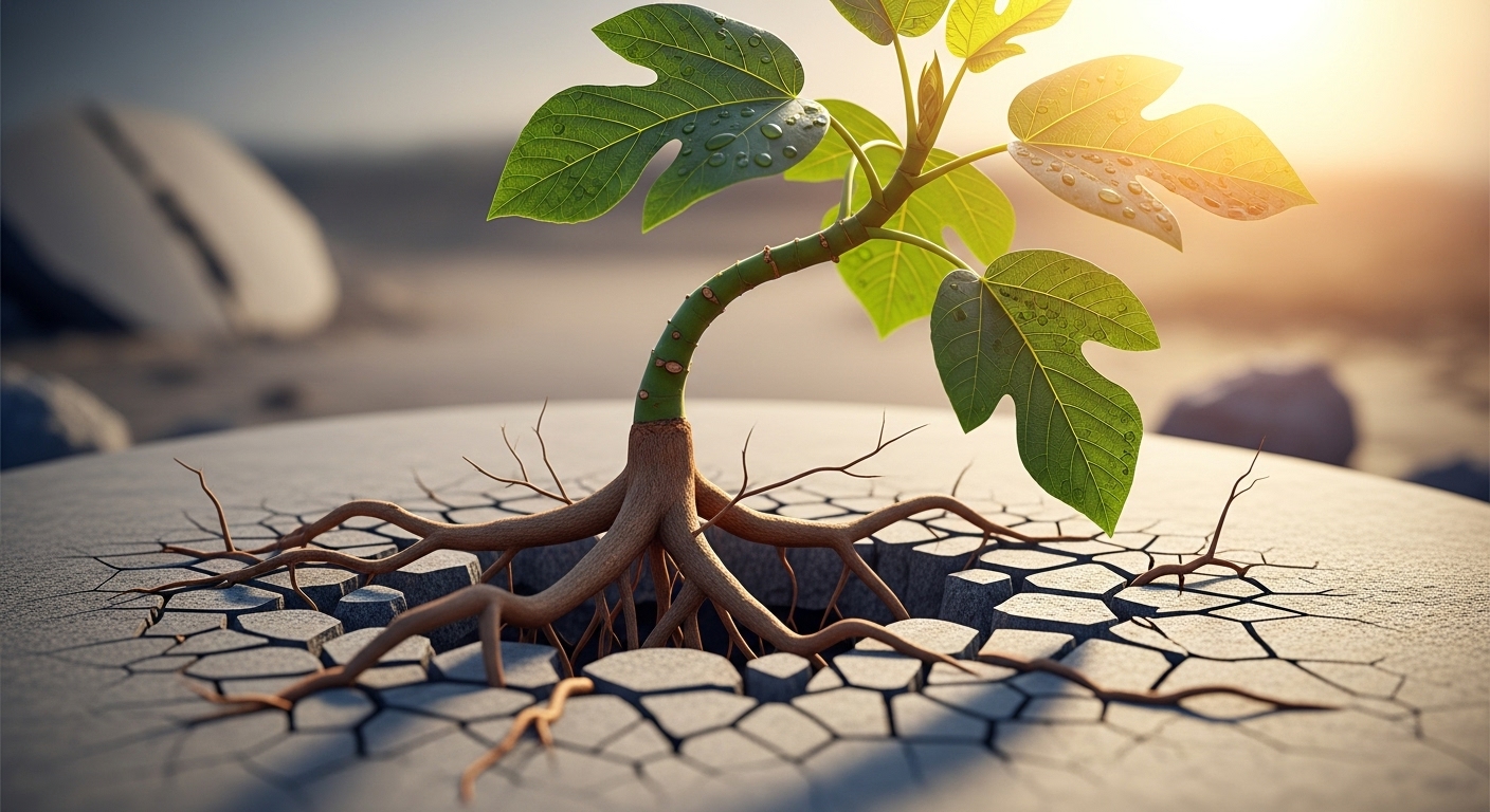 콘크리트를 뚫고 햇빛을 향해 자라나는 강인한 식물, 성장 마인드셋과 회복탄력성을 상징.