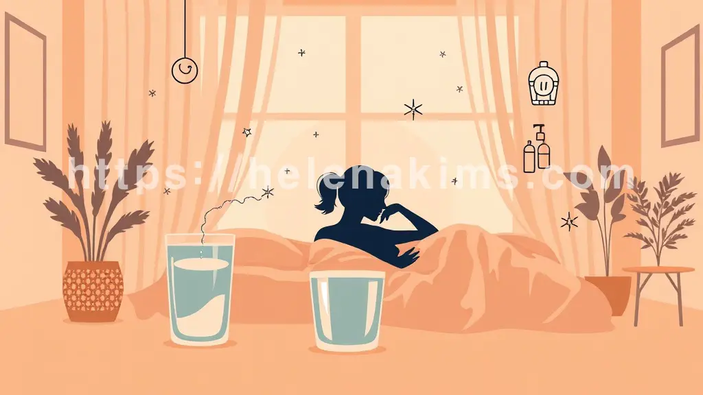 중앙에 평온하게 휴식 취하는 사람의 옆모습 실루엣이 있고, 그 주위로 맑은 물이 담긴 컵, 부드러운 직물의 아이템(담요 등), 깨끗함을 상징하는 그래픽 이미지.