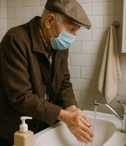 마스크를 쓰고 손을 씻고 있는 모습