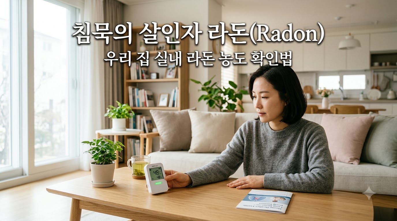 햇살이 비치는 아늑하고 깨끗한 거실 식탁 위에 디지털 실내 라돈 측정기가 놓여 있으며, 가족의 건강을 위해 공기 질과 라돈 농도를 차분하게 확인하고 있는 모습. '침묵의 살인자 라돈(Radon)', '우리 집 실내 라돈 농도 확인법'이라는 문구가 적혀 있어, 실내 라돈의 위험성 인지와 측정의 중요성을 시각화함.