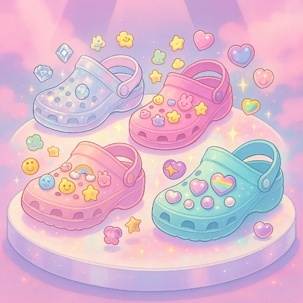다양한 지비츠로 커스터마이징된 크록스 네 켤레를 전시한 마법같은 일러스트. 핑크빛 구름 배경과 반짝이는 효과로 감성 연출