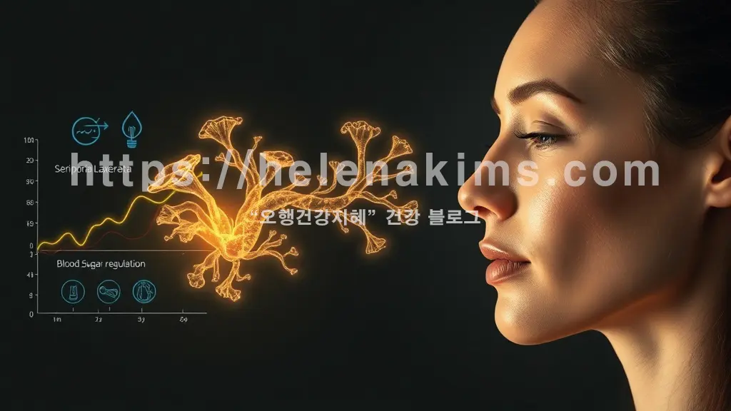 버섯과 여성의 얼굴이 클로즈 업 되어 있는 모습.