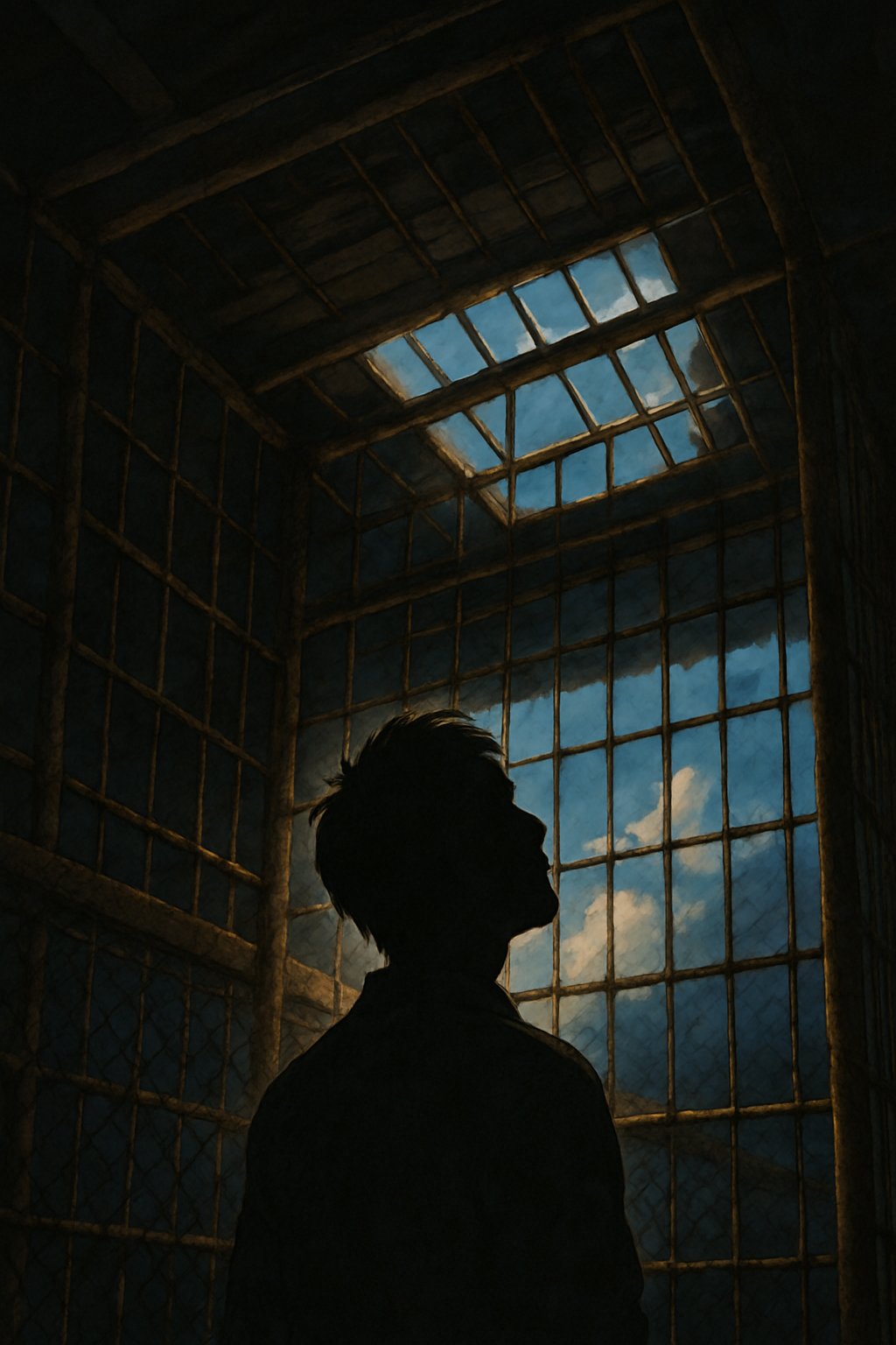 “양계장 안에서 하늘을 올려다보는 인간의 실루엣”