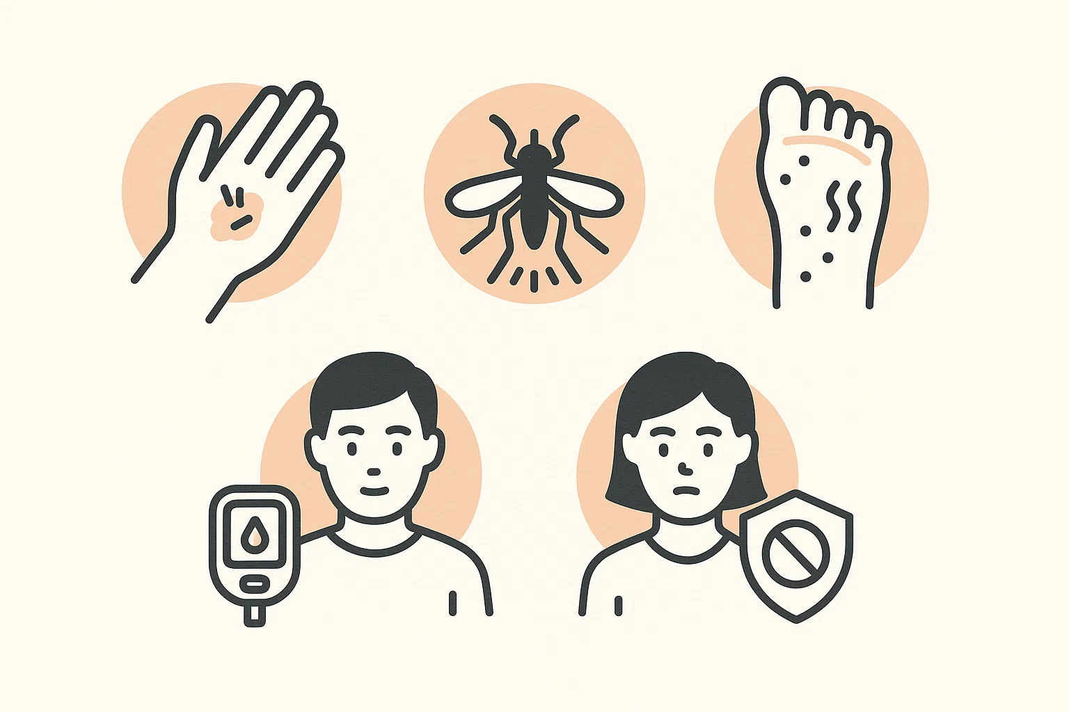 봉와직염 원인 인포그래픽 — 작은 상처, 곤충 물림, 무좀·습진, 당뇨병, 면역저하