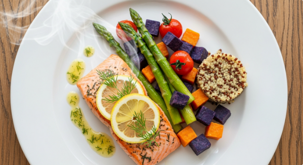 레몬과 딜을 곁들인 구운 연어와 신선한 채소가 담긴 건강한 저염식 식단