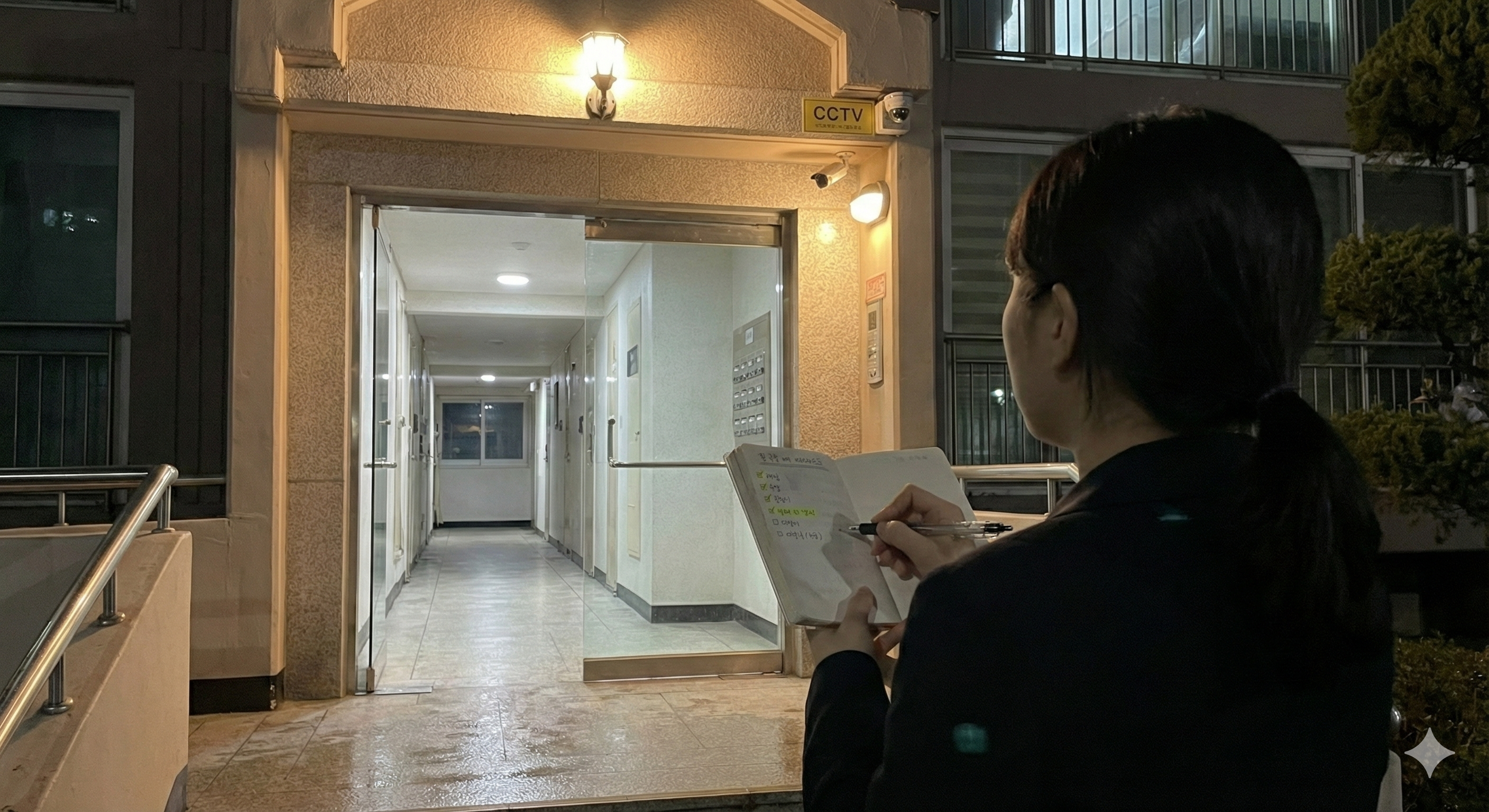 야간 건물 보안 점검 안전한 주거 환경을 위해 밤에 건물 입구의 조명과 CCTV 작동 여부를 확인하는 모습입니다. 낮에는 확인하기 어려운 보안 요소를 직접 점검하는 철저함을 보여줍니다.
