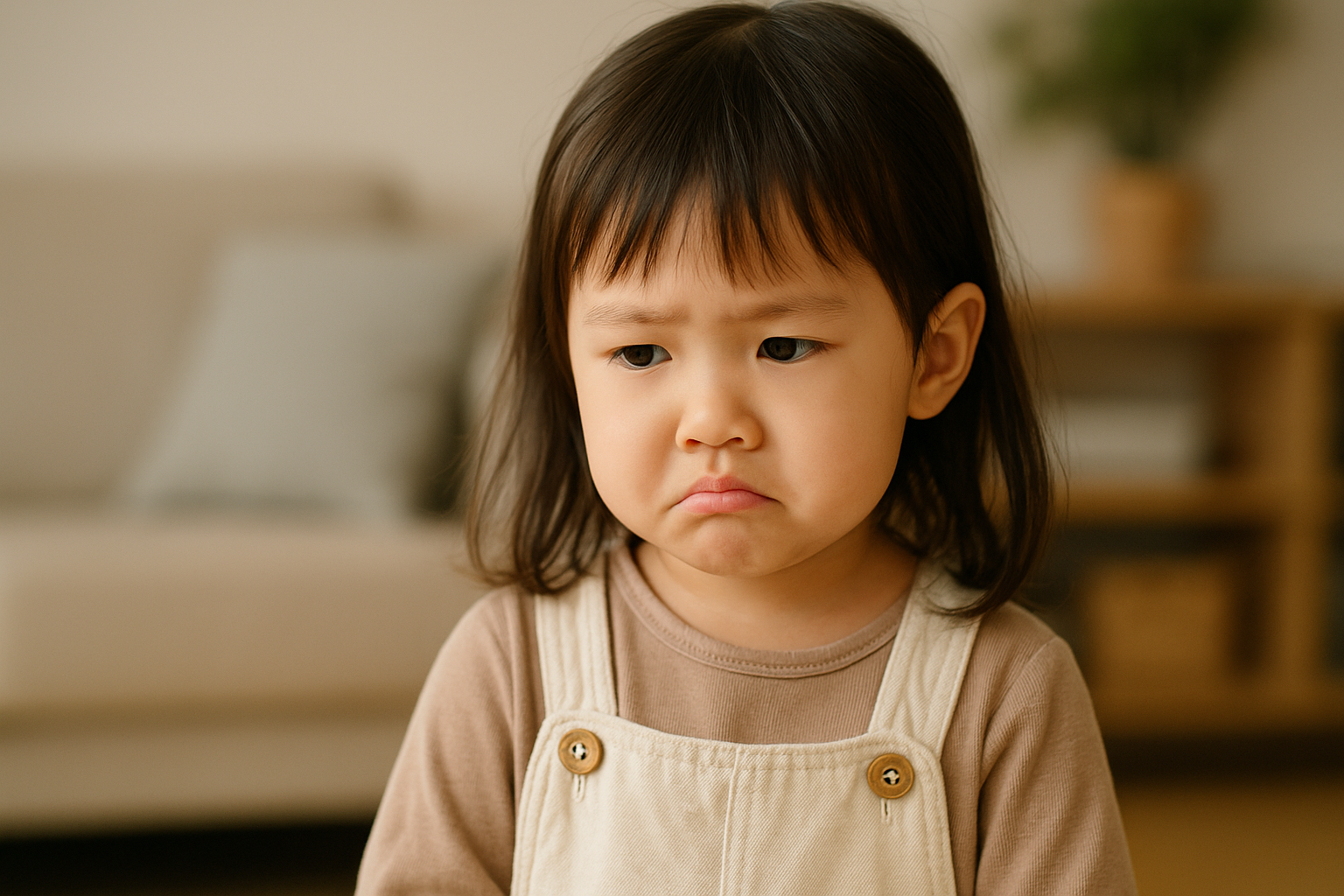 3~4세 여자아이가 거실에서 살짝 입을 내밀고 생각에 잠긴 표정으로 있는 모습.