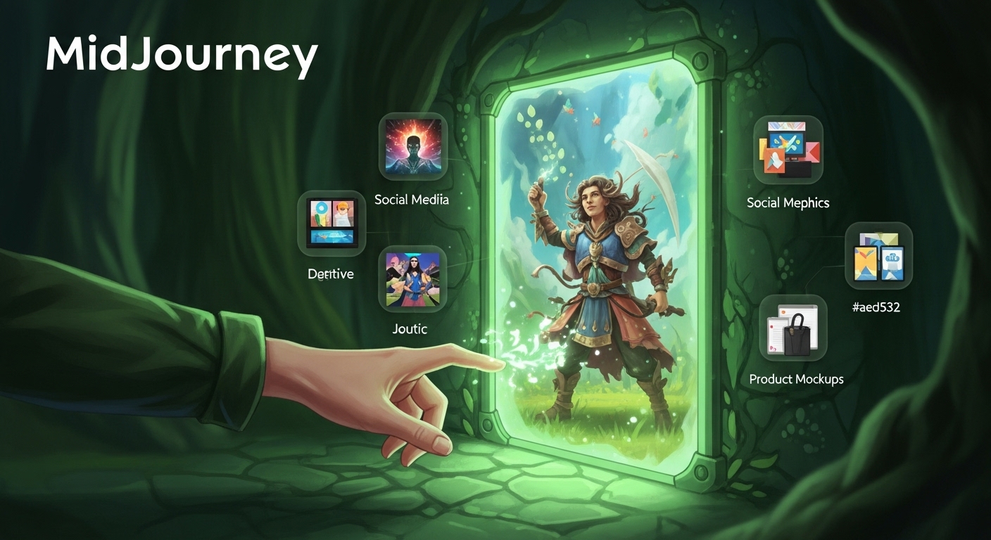 미드저니의 기능을 보여주는 창의적인 이미지로, 상상력을 현실 이미지로 구현하는 과정을 마법처럼 표현하고 있습니다.