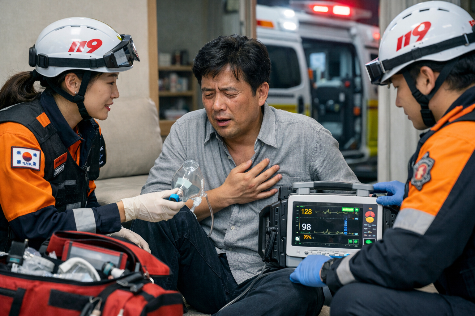 119 구급대원의 흉통 환자 상태 확인 모습