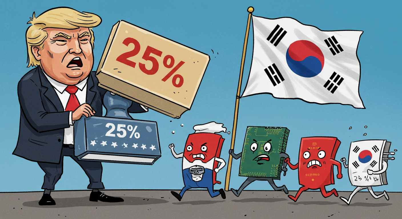 A funny cartoon of Trump holding a giant stamp that says "25% Tariff" while Asian export goods (like cars and semiconductors) try to run away.