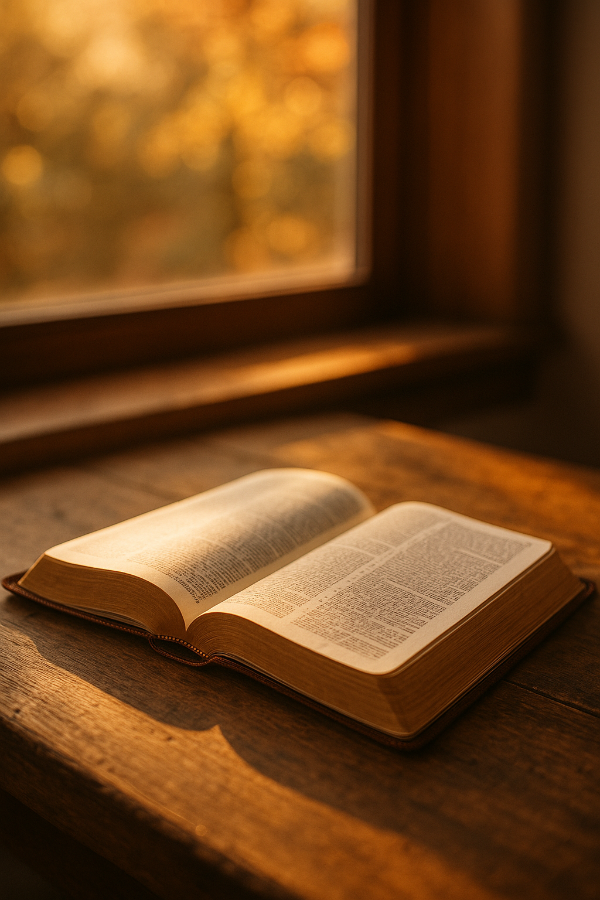A warmly lit open Bible resting on a rustic wooden table by the window, bathed in golden autumn sunlight.