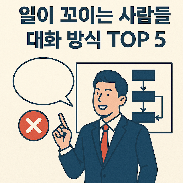 일이 꼬이는 사람들의 대화 방식 TOP 5라는 문구와 함께, 잘못된 소통 흐름을 상징하는 일러스트