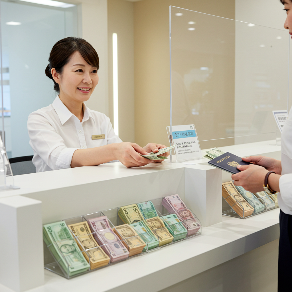 은행 창구에서 외화를 환전하는 모습