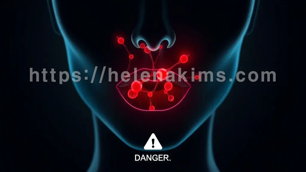 얼굴 중앙부(입술, 코 주변)를 강조한 여성 얼굴 실루엣, 미세한 혈관 네트워크가 섬세하게 반짝이며, 그중 일부 혈관에 붉은색의 이물질(필러를 상징)이 막혀있는 모습.