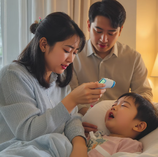 엄마와 아빠, 그리고 열이 나는 누워있는 아이