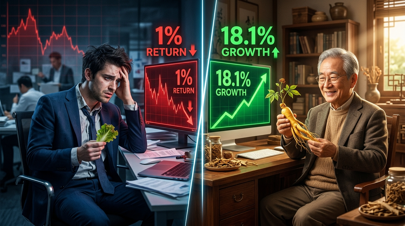 푸른 상추 잎을 든 청년과 묵직한 인삼 뿌리를 든 노인이 수익률 전광판(1% vs 18.1%) 앞에 서 있는 대비 이미지