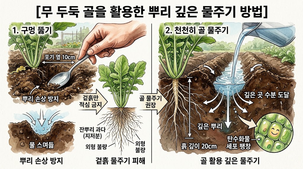 무 줄기에 직접 물을 붓지 않고 두둑 사이 골에 물을 흘려보내 깊은 뿌리까지 수분이 스며들게 만드는 모습