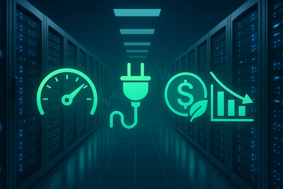 데이터센터 서버 랙 사이에 전력 효율, 전기 플러그, 비용 절감, 친환경 아이콘이 떠 있는 전력관리와 에너지 절감을 상징하는 일러스트 썸네일