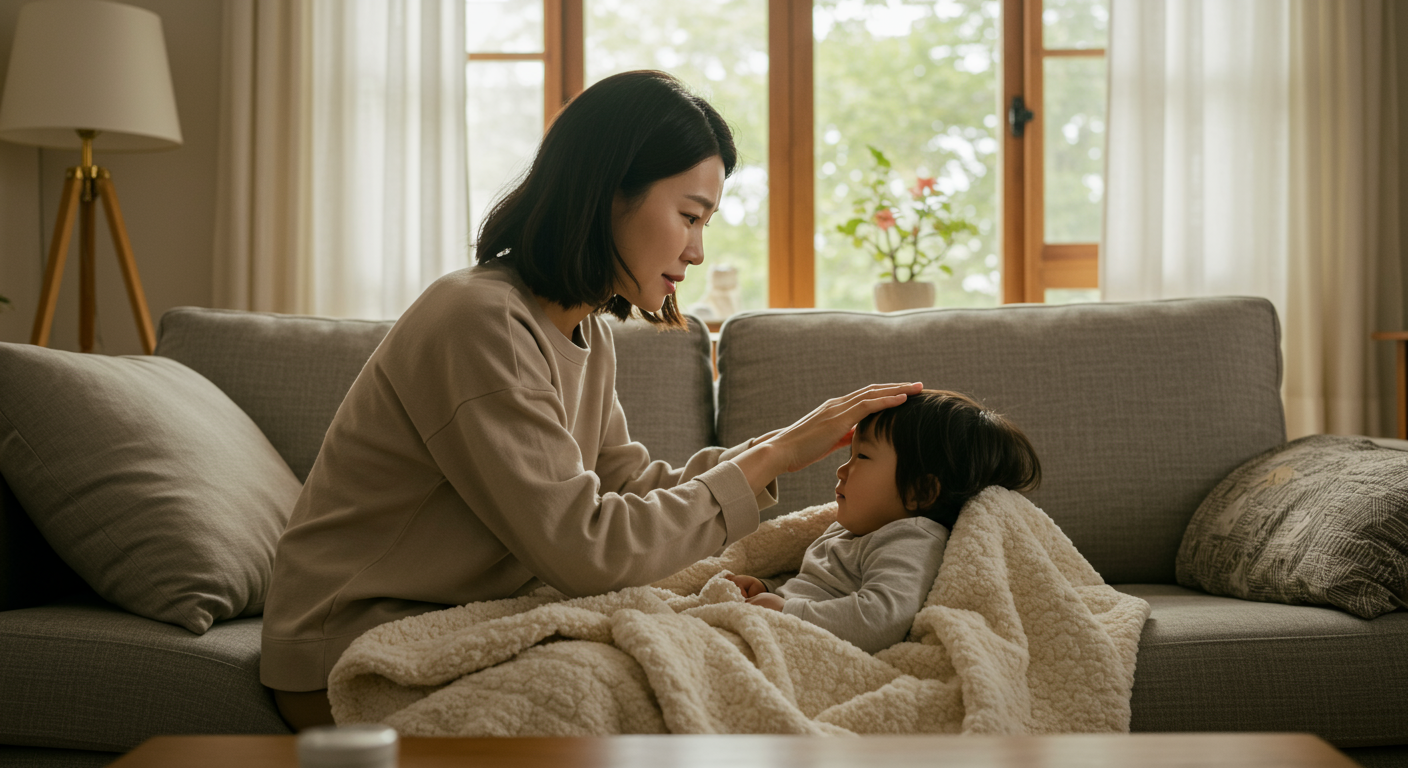 아픈 아이를 돌보는 엄마 사진