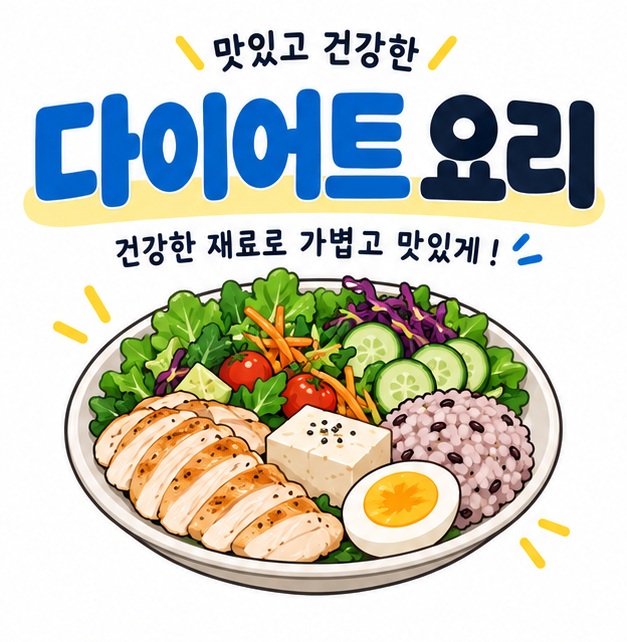 다이어트 요리 문구와 채소, 닭고기, 두부, 잡곡밥으로 구성한 균형 잡힌 한 끼를 보여주는 대표 카드