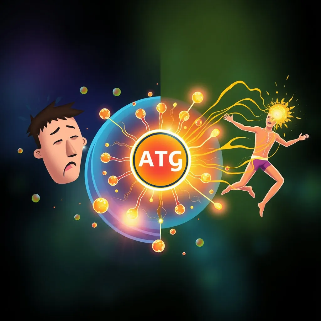 세포 속 미토콘드리아에서 에너지가 생성되는 과정을 상징적으로 나타내며, 그 과정에 마그네슘(Mg)이 촉매처럼 작용하여 ATP(에너지)가 폭발적으로 만들어지는 듯한 역동적인 이미지입니다. 피로한 모습이 활기찬 모습으로 변하는 대비 효과도 좋습니다.