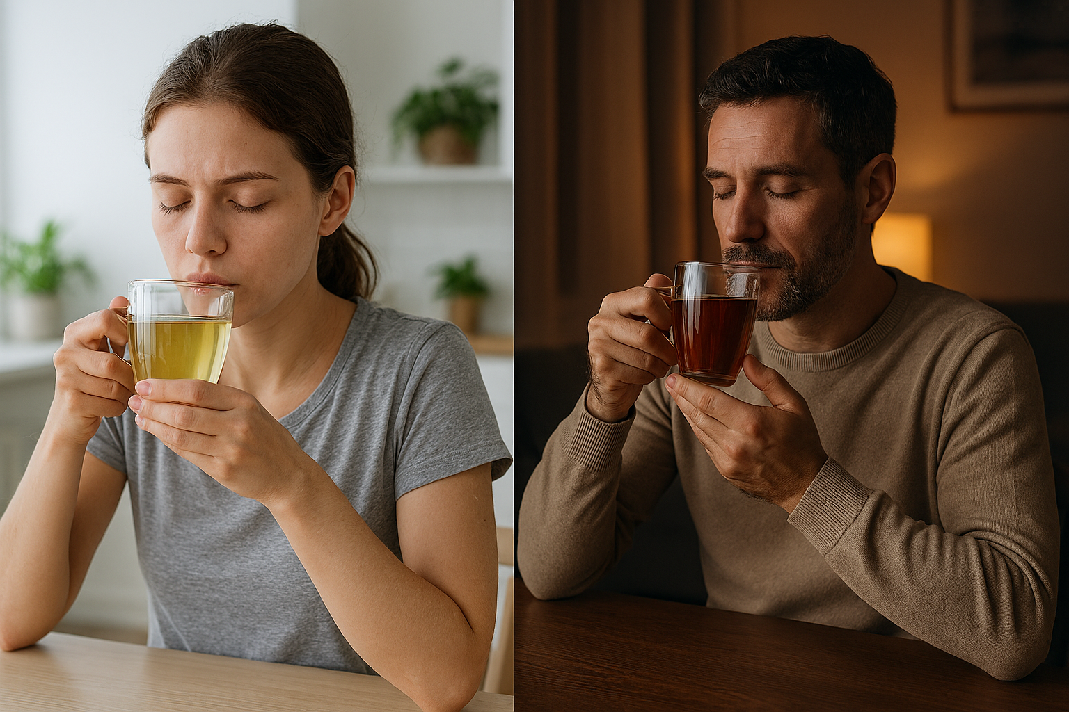 공복 상태에서 차를 마시는 장면과 저녁 시간 차 섭취 이미지