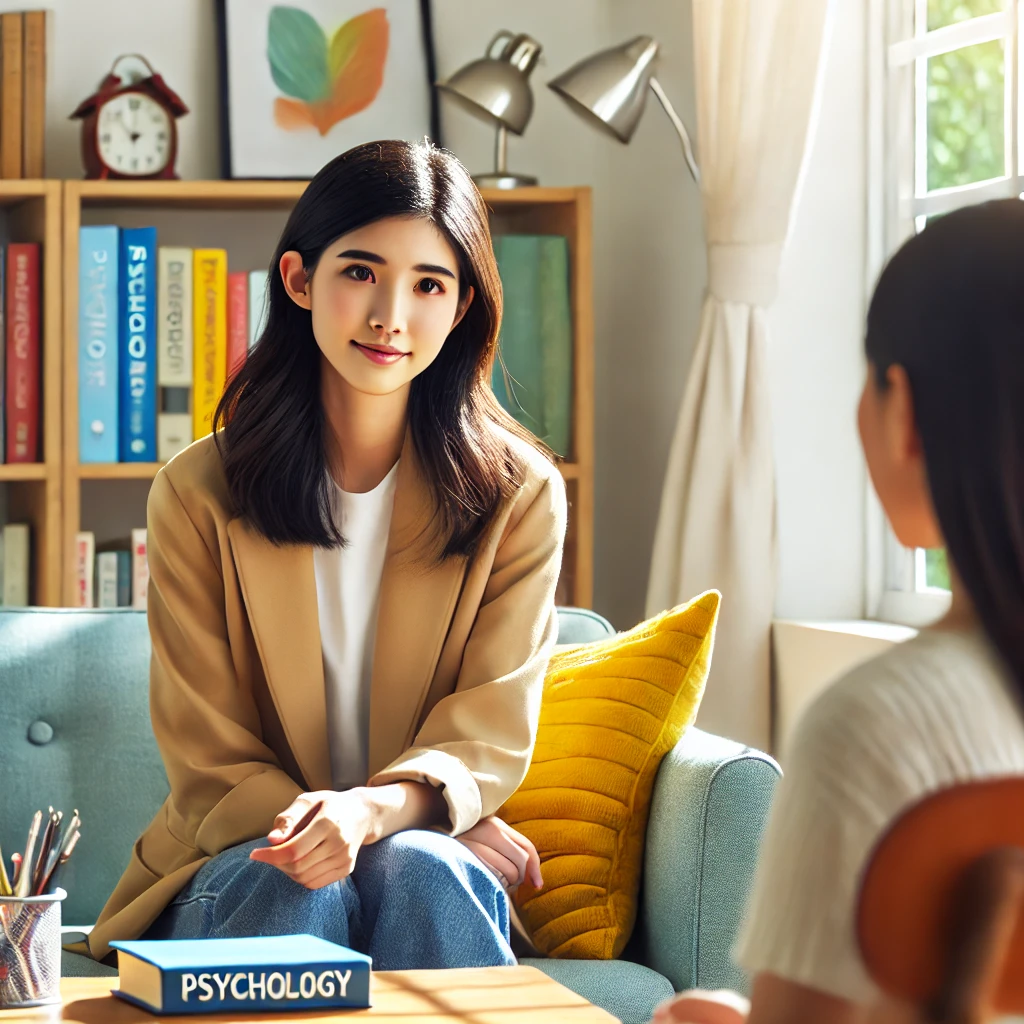 청소년 상담사가 청소년과 상담을 하고 있다 상담사는 여성이고 온화한 표정을 짓고 있다