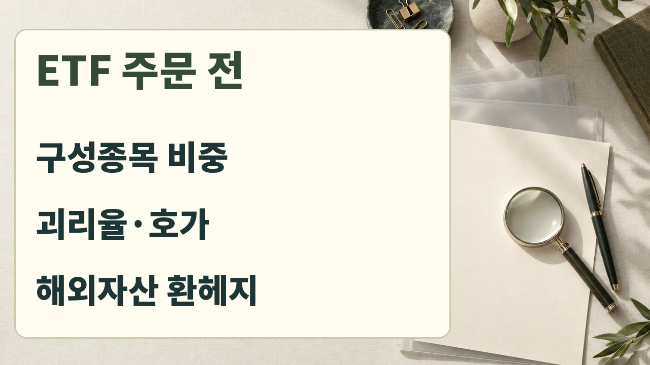 ETF 주문 전 구성종목 비중, 괴리율과 호가, 해외자산이면 환헤지를 확인하는 목록