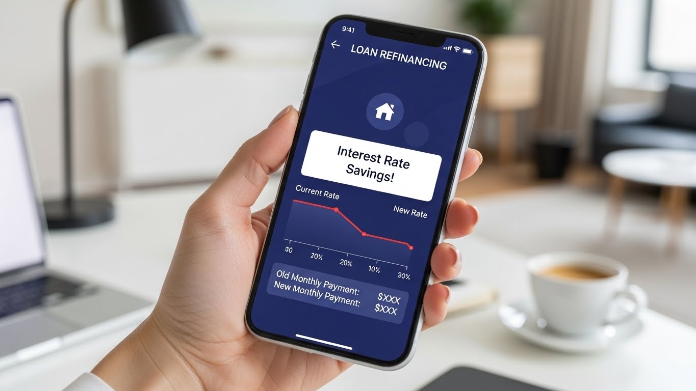 Close-up of a hand holding a smartphone showing a loan refinancing comparison app screen, 'Interest Rate Savings' message popping up, modern lifestyle background, bright lighting