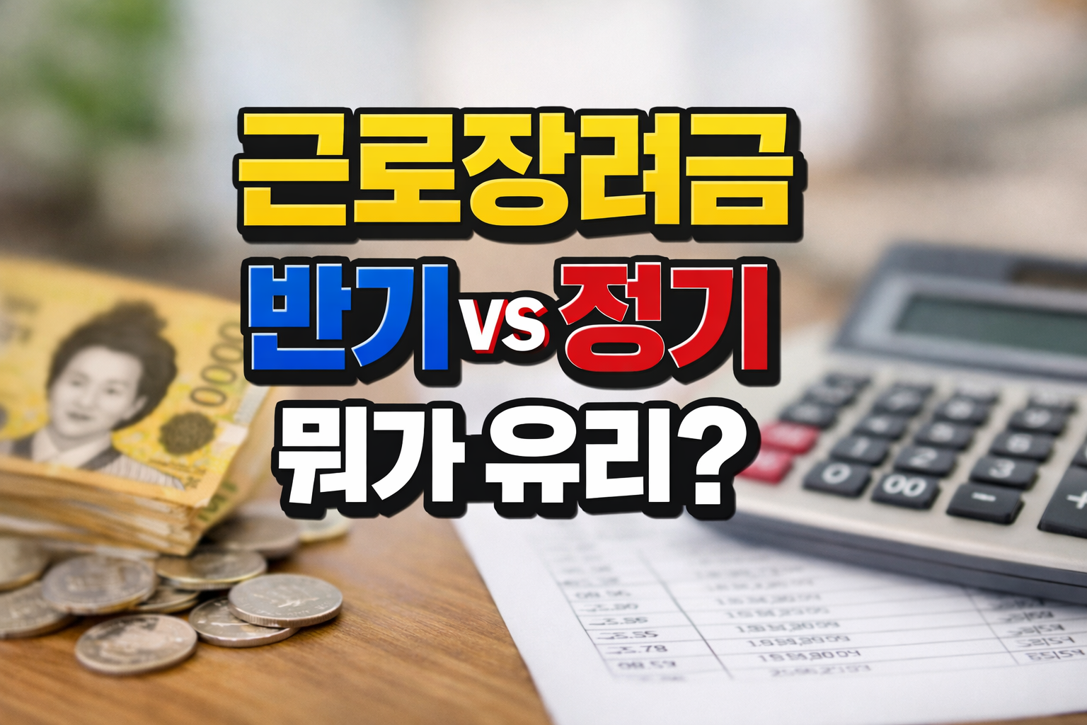 근로장려금 반기 정기 뭐가 유리? 계산기와 현금 이미지로 지급일과 정산, 환수 차이를 설명하는 대표 썸네일