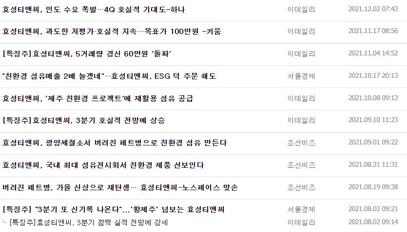 효성티앤씨 뉴스, 공시