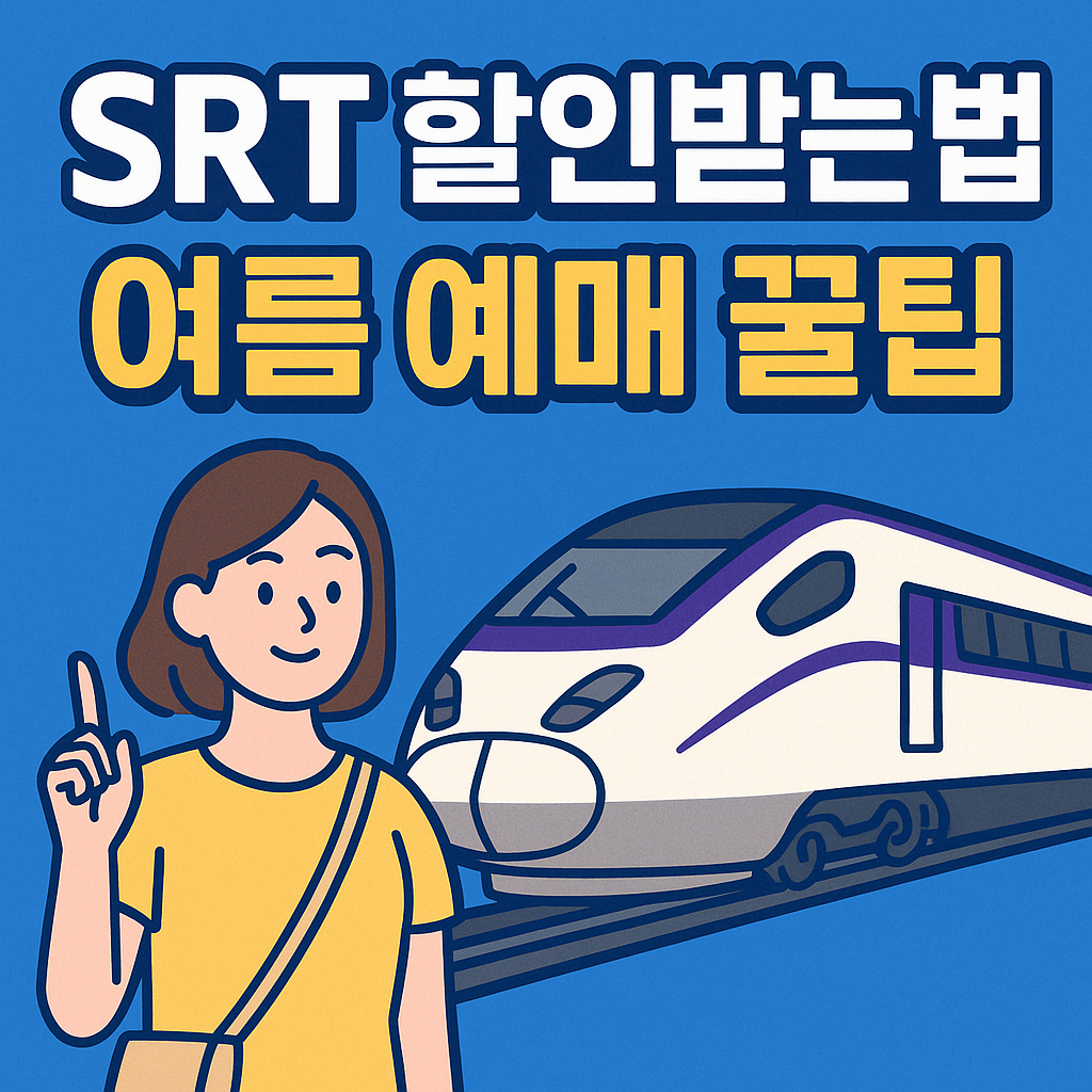 여름철 고속열차를 배경으로 ‘SRT 할인받는 법’, ‘여름 예매 꿀팁’이라는 문구와 함께 손을 든 여성 승객이 등장하는 정보형 일러스트