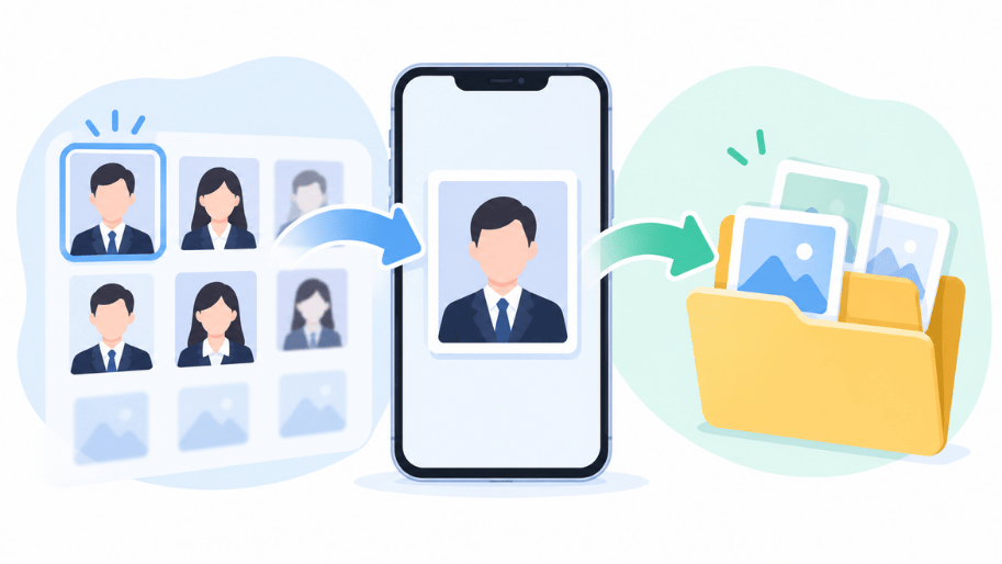 모바일 사진 보관함에서 증명사진을 선택하여 파일 폴더로 옮기는 과정을 표현한 일러스트