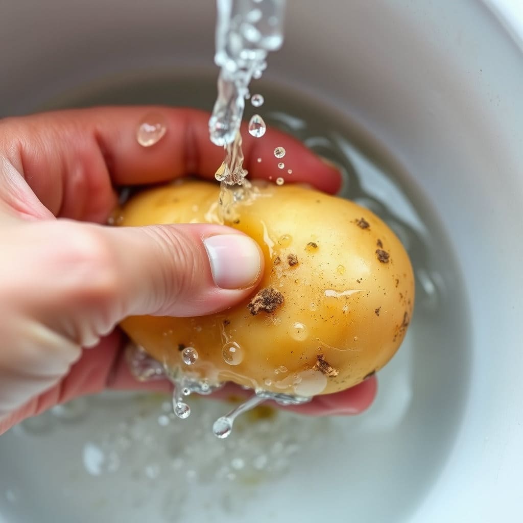 흐르는 물에 감자를 손으로 문지르거나 부드러운 솔을 이용해 흙을 씻어내는 손의 클로즈업 모습입니다. 물방울이 튀는 효과를 주어 생동감을 더할 수 있습니다.