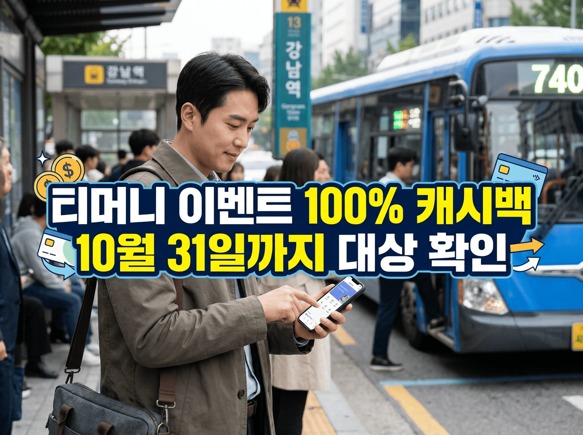 서울 버스와 지하철을 배경으로 스마트폰에서 교통 혜택을 확인하는 이용자 모습