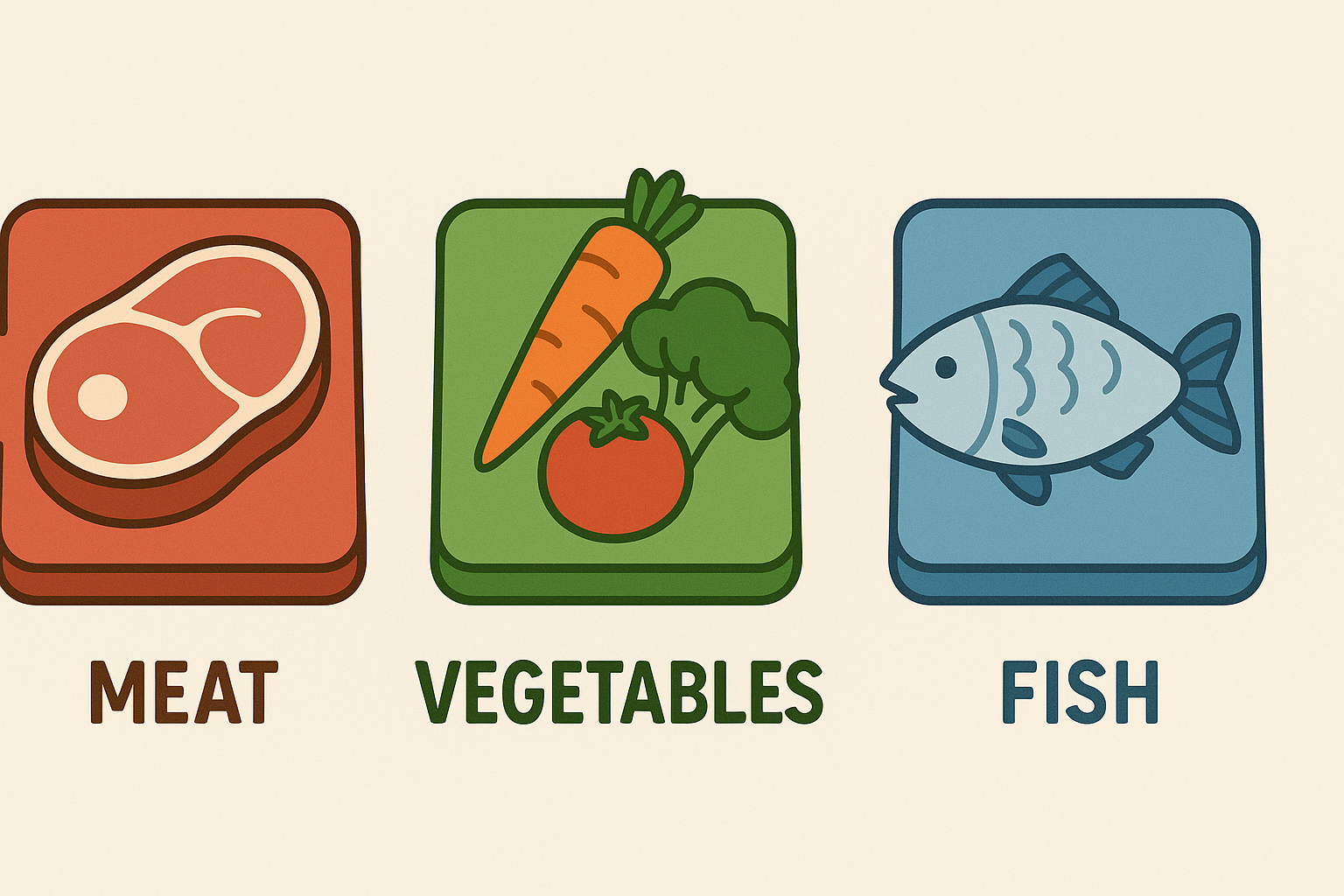 빨간 도마에 고기, 초록 도마에 채소, 파란 도마에 생선이 놓인 위생적인 조리 일러스트