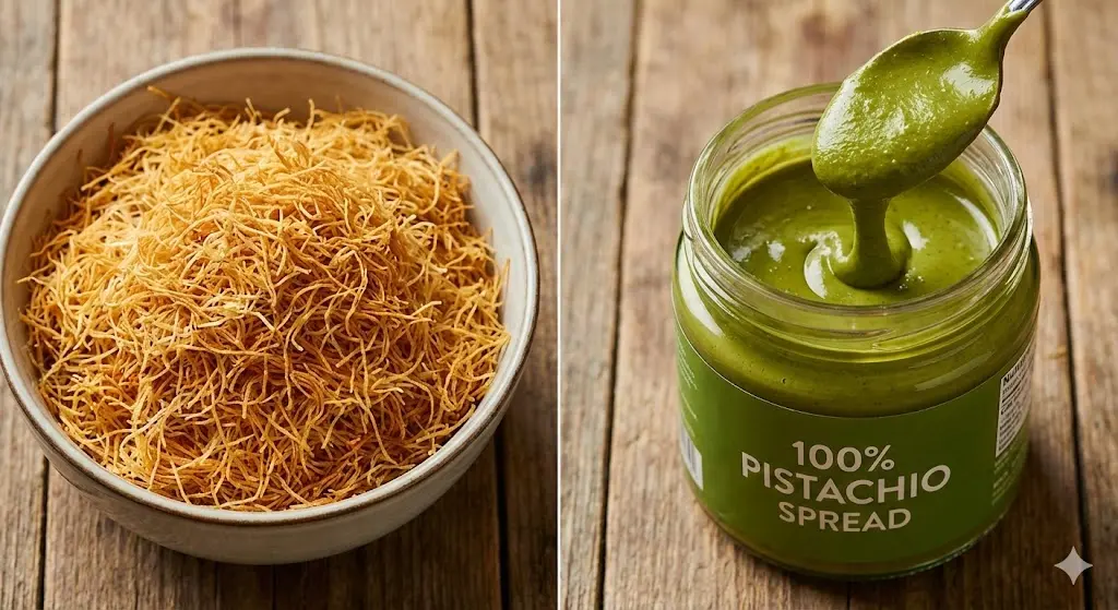 두바이 쫀득 쿠키 핵심 재료인 바삭한 카다이프면과 꾸덕한 피스타치오 스프레드