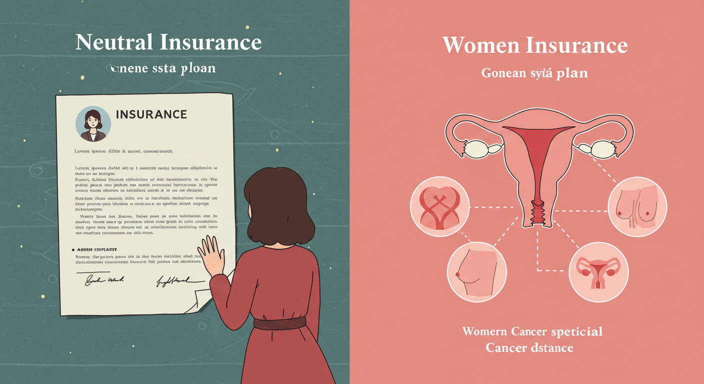 일반 암보험과 여성 전용 암보험의 차이를 보여주는 분할 장면