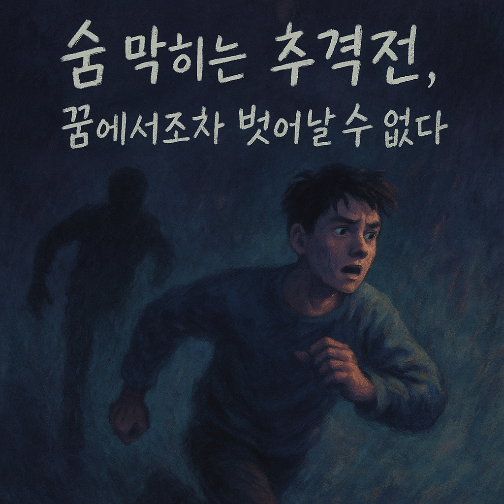 꿈속에서 좁은 골목길을 달리는 남성이 뒤에서 다가오는 검은 그림자에게 쫓기며 공포에 질린 모습으로, 상단에는 흰색 손글씨로 ‘숨 막히는 추격전, 꿈에서조차 벗어날 수 없다’라는 문구가 쓰여 있는 몽환적 일러스트