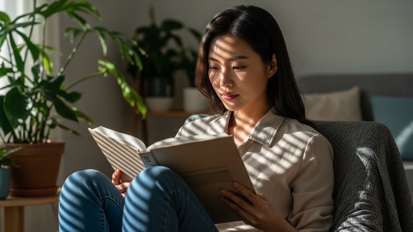 아침 시간, 디지털 기기 대신 종이책을 읽으며 능동적으로 전두엽을 깨우는 모습