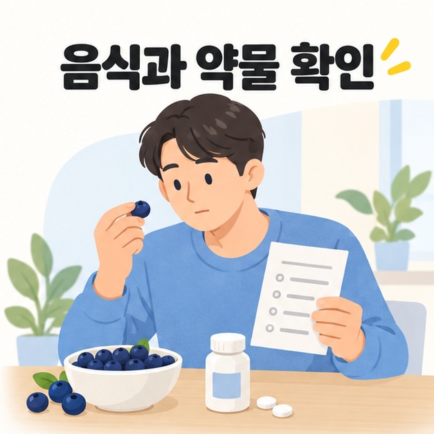 블루베리와 약물 목록을 살피며 음식 및 복용 약을 확인하는 그림
